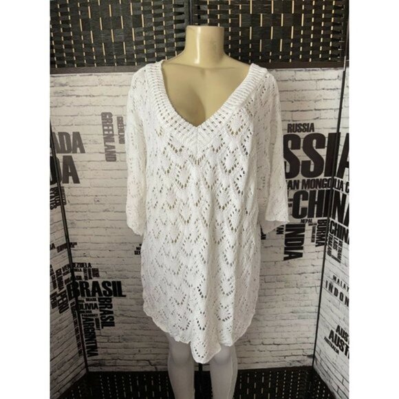 Jessica London 18/20 White Open Knit V-Neck Neck Half Sleeve Sweater - Picture 1 of 6